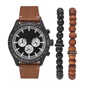 Men's Brown Leather Strap Watch 48mm Gift Set